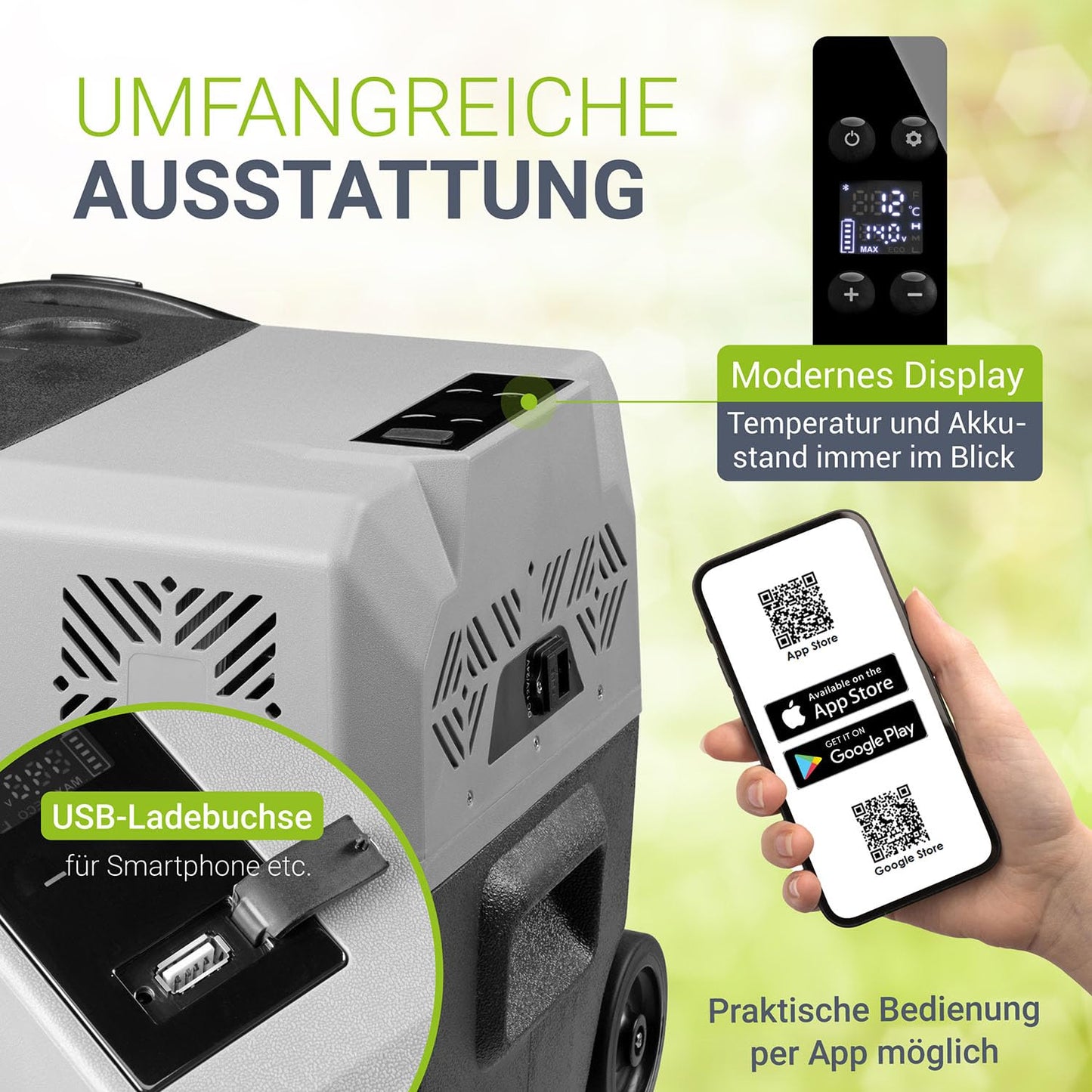Juskys Kompressor Kühlbox 30 Liter 12/24/230 V für Auto, Lkw, Reisemobil, Camping - Mini Kühlschrank kalt & warm - Kompressorkühlbox Steckdose - Grau