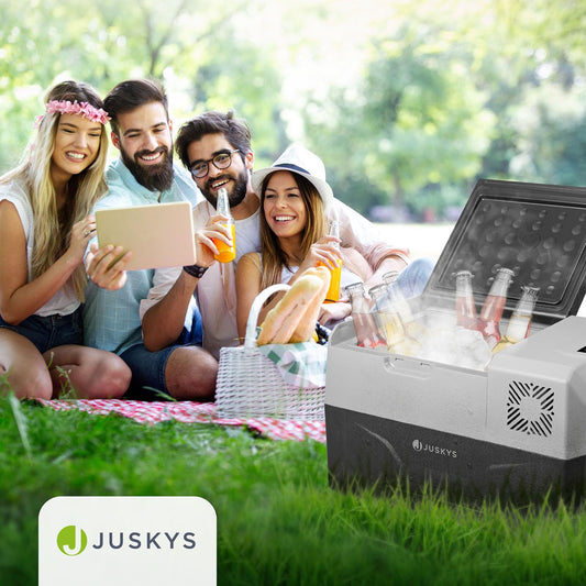 Juskys Kompressor Kühlbox 30 Liter 12/24/230 V für Auto, Lkw, Reisemobil, Camping - Mini Kühlschrank kalt & warm - Kompressorkühlbox Steckdose - Grau