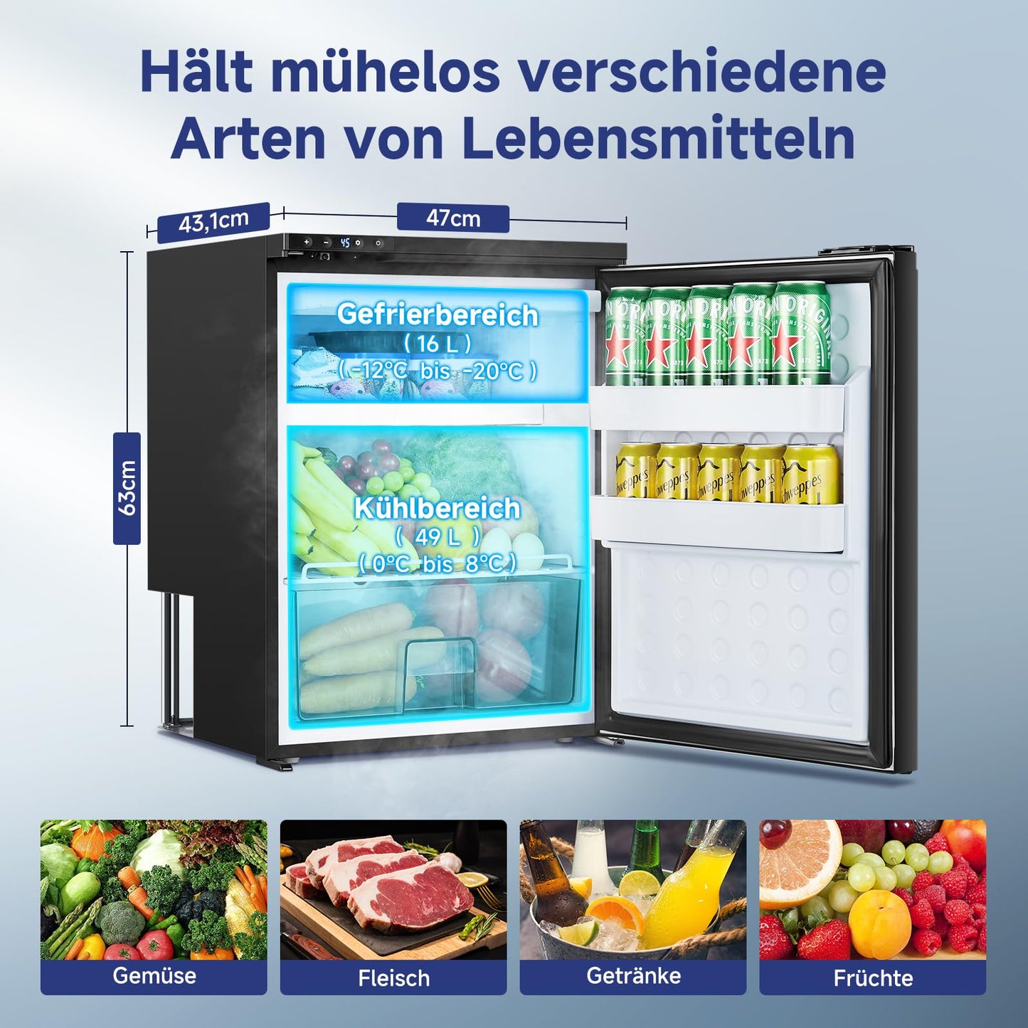 AAOBOSI Kompressor Kühlbox 65 L – Mit App-Steuerung, 12/24 V, bis -20 °C, elektrische Kühlbox mit LED für Auto, Wohnwagen, Camping & Reisen