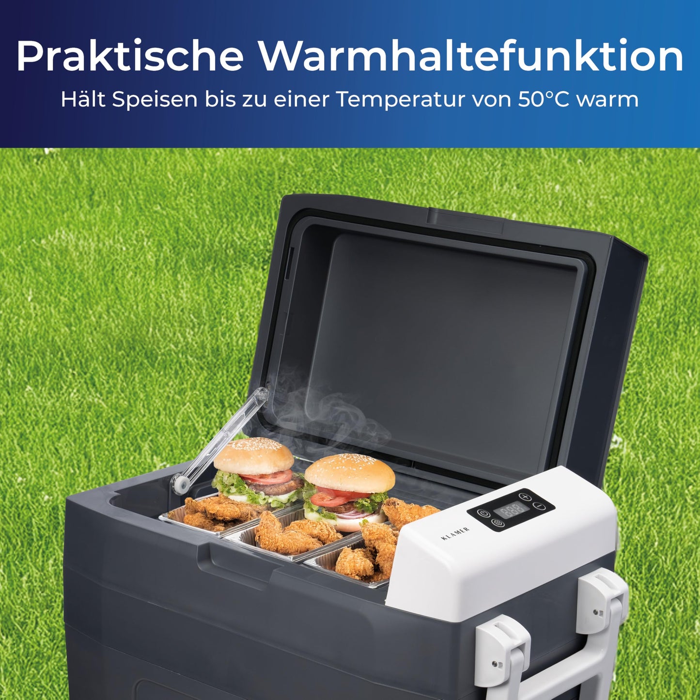 KLAMER Kompressor Kühlbox 45 L – Elektrische Kühl- & Warmhaltebox mit 12 V/230 V, bis -18 °C, mit Rollen, XXL Auto-Kühlbox in Grau