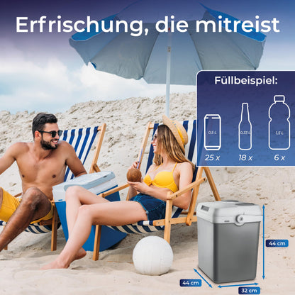 KLAMER elektrische Kühlbox 25 L – Mit Kühl- & Warmhaltefunktion, 12 V/230 V Anschlüsse, tragbare Auto-Kühlbox für Camping, Garten & Ausflüge, grau