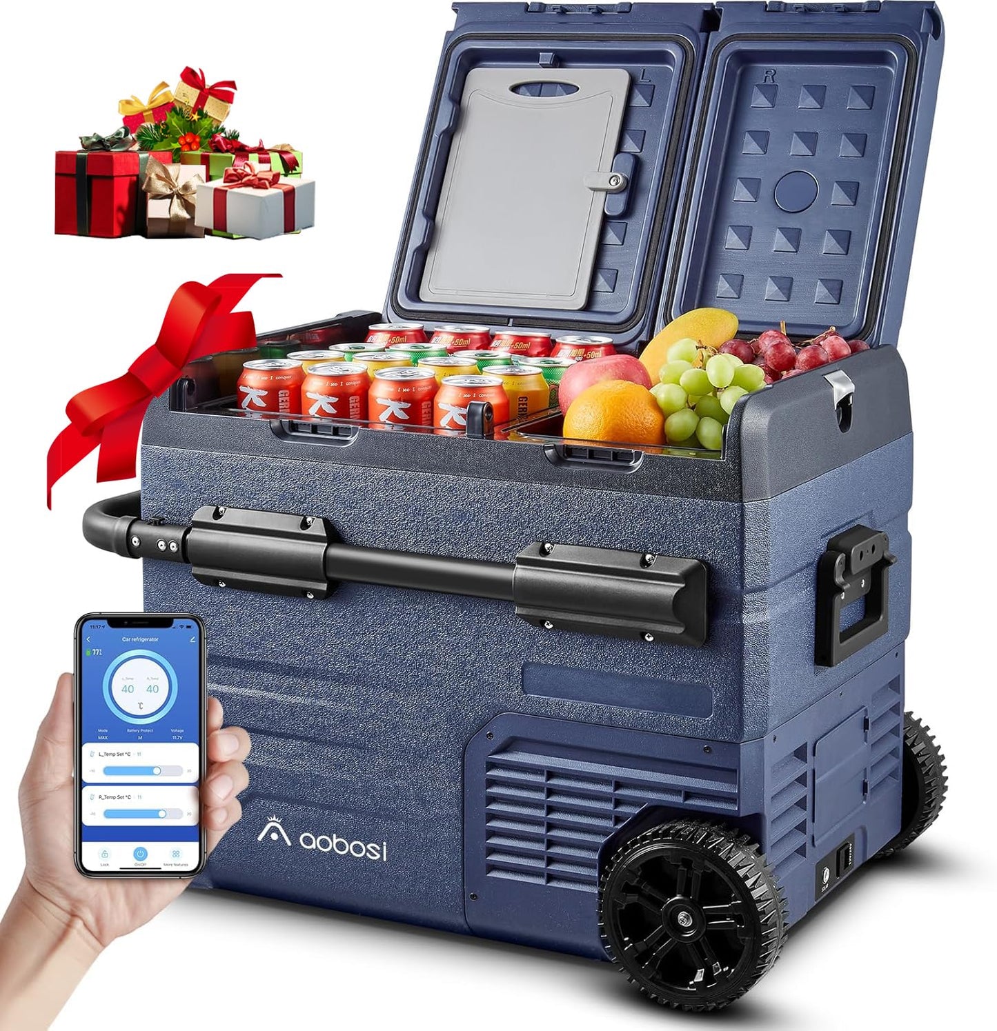 AAOBOSI Kompressor Kühlbox 45 L – Dual Zone, mit App-Steuerung, USB-Ladefunktion, LED, 12/24 V & 100–240 V, mit Rollen für Auto & Campin