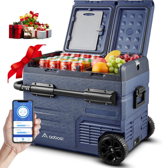 AAOBOSI Kompressor Kühlbox 45 L – Dual Zone, mit App-Steuerung, USB-Ladefunktion, LED, 12/24 V & 100–240 V, mit Rollen für Auto & Campin