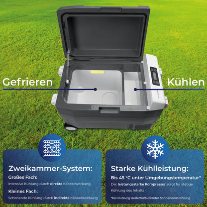 KLAMER Kompressor Kühlbox 45 L – Elektrische Kühl- & Warmhaltebox mit 12 V/230 V, bis -18 °C, mit Rollen, XXL Auto-Kühlbox in Grau