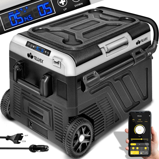 tillvex® Kompressor Kühlbox 50 L – Elektrische Gefrierbox mit WiFi-App, 12/24 V & 230 V, bis -20 °C, tragbarer Kühlschrank für Auto & Camping, schwarz