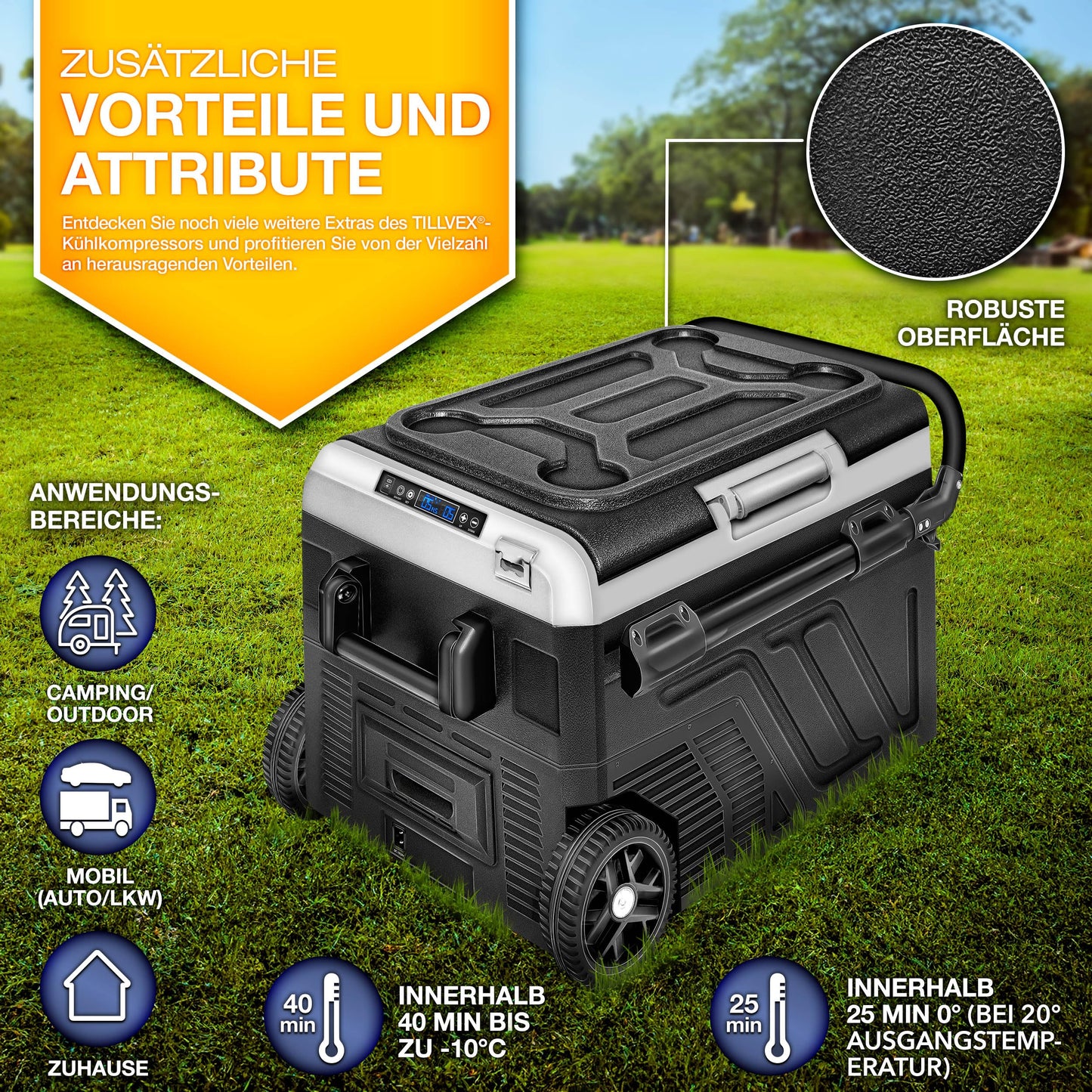 tillvex® Kompressor Kühlbox 50 L – Elektrische Gefrierbox mit WiFi-App, 12/24 V & 230 V, bis -20 °C, tragbarer Kühlschrank für Auto & Camping, schwarz