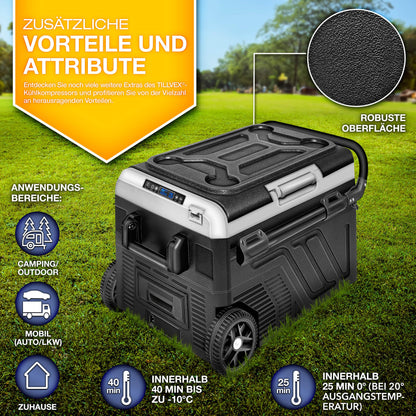 tillvex® Kompressor Kühlbox 50 L – Elektrische Gefrierbox mit WiFi-App, 12/24 V & 230 V, bis -20 °C, tragbarer Kühlschrank für Auto & Camping, schwarz
